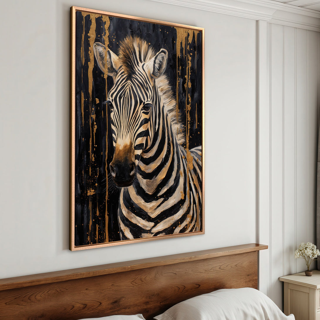Framed Wall Art: Stunning zebra portrait in black, gold, and white. Modern canvas print adds a touch of luxury to any room. Shop now!