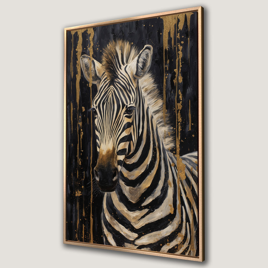 Framed Wall Art: Zebra portrait with gold accents on black background. Modern animal art in neutral tones for stylish home decor.