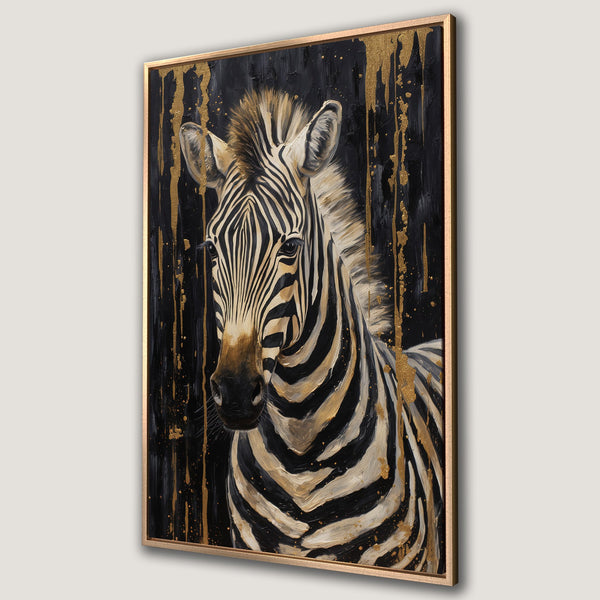 Framed Wall Art: Zebra portrait with gold accents on black background. Modern animal art in neutral tones for stylish home decor.