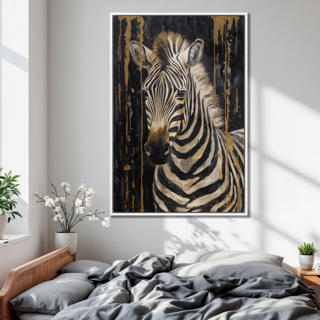 Framed Wall Art: Zebra portrait in black, gold, and white. Modern animal art Canvas Print for bedroom decor.