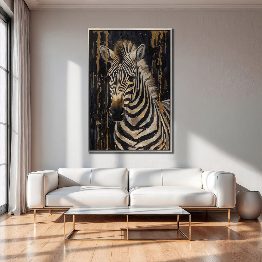 Framed Wall Art: Stunning zebra portrait in black, gold, and beige. Modern abstract art for your home decor. Elevate your space today!