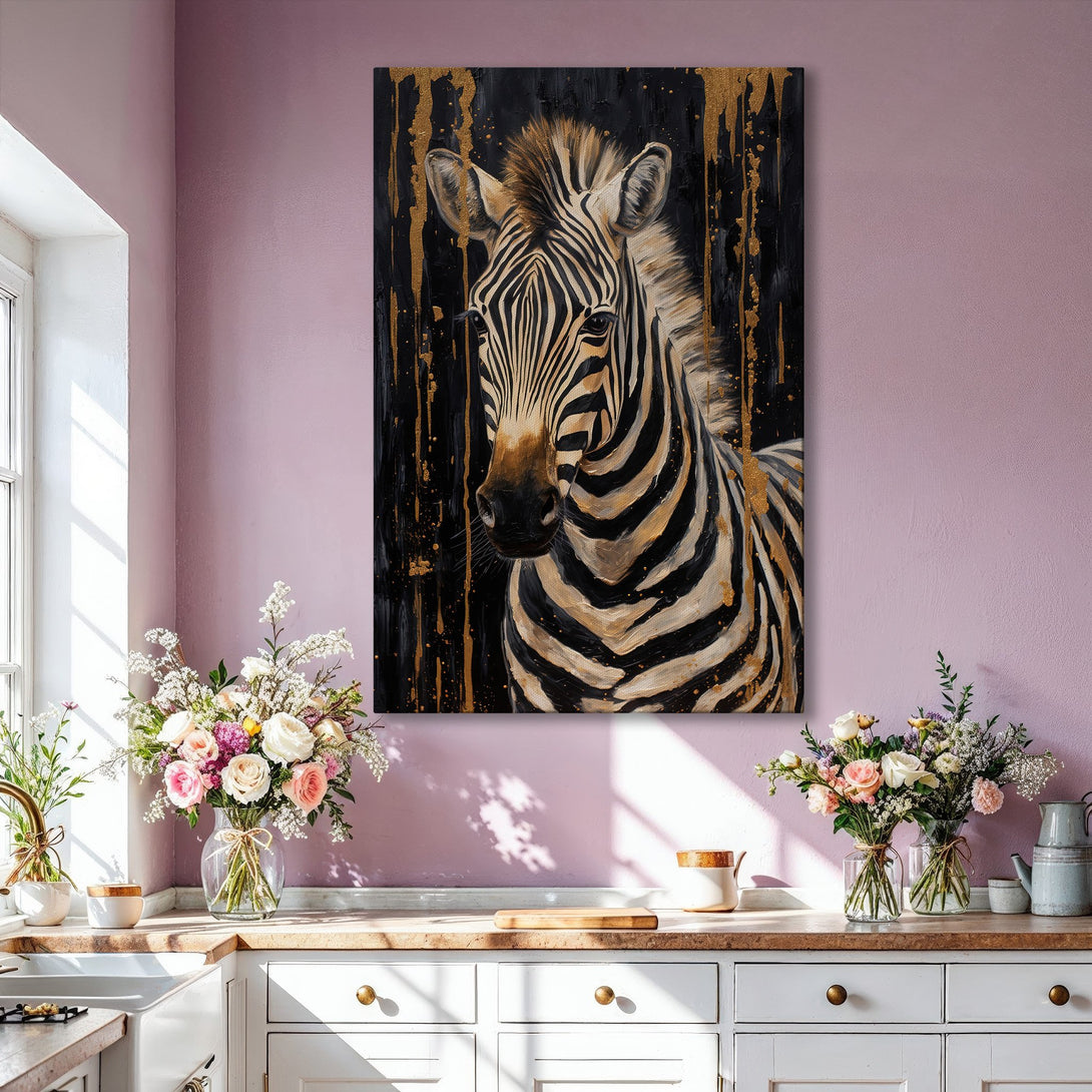Framed Wall Art: Stunning zebra portrait with gold accents on black background. Modern art in neutral tones, perfect for living room decor.
