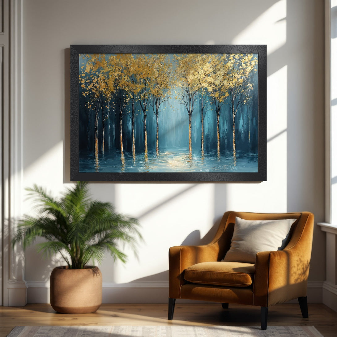 Framed Poster featuring a golden forest scene. Artistic style with a teal and gold color palette, perfect for home decor.