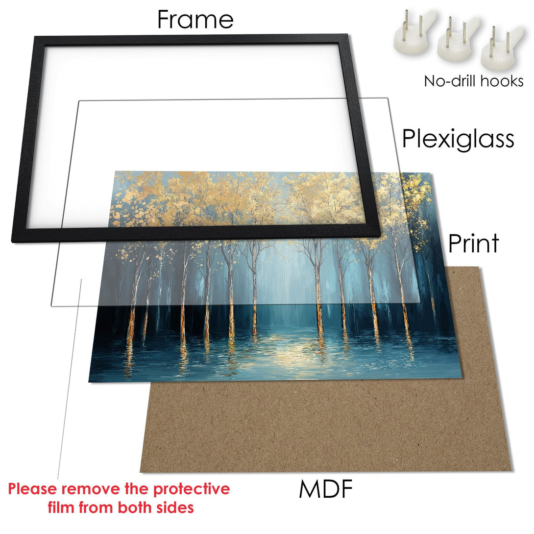 Framed Poster of a serene forest scene in blue and gold. Modern art style, perfect for home decor.