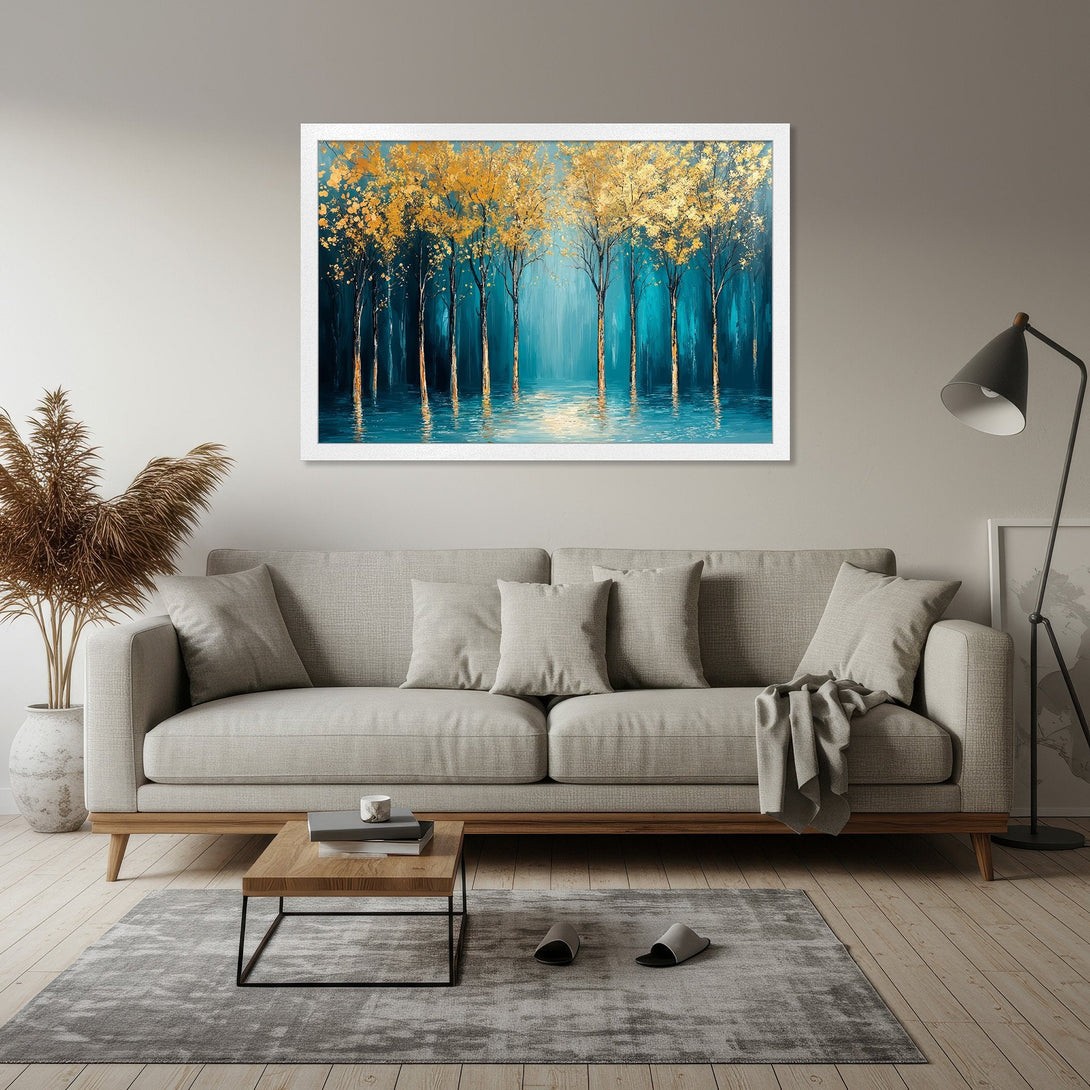 Framed Poster of golden trees in a teal forest. Modern art print with a calming color palette for home decor.