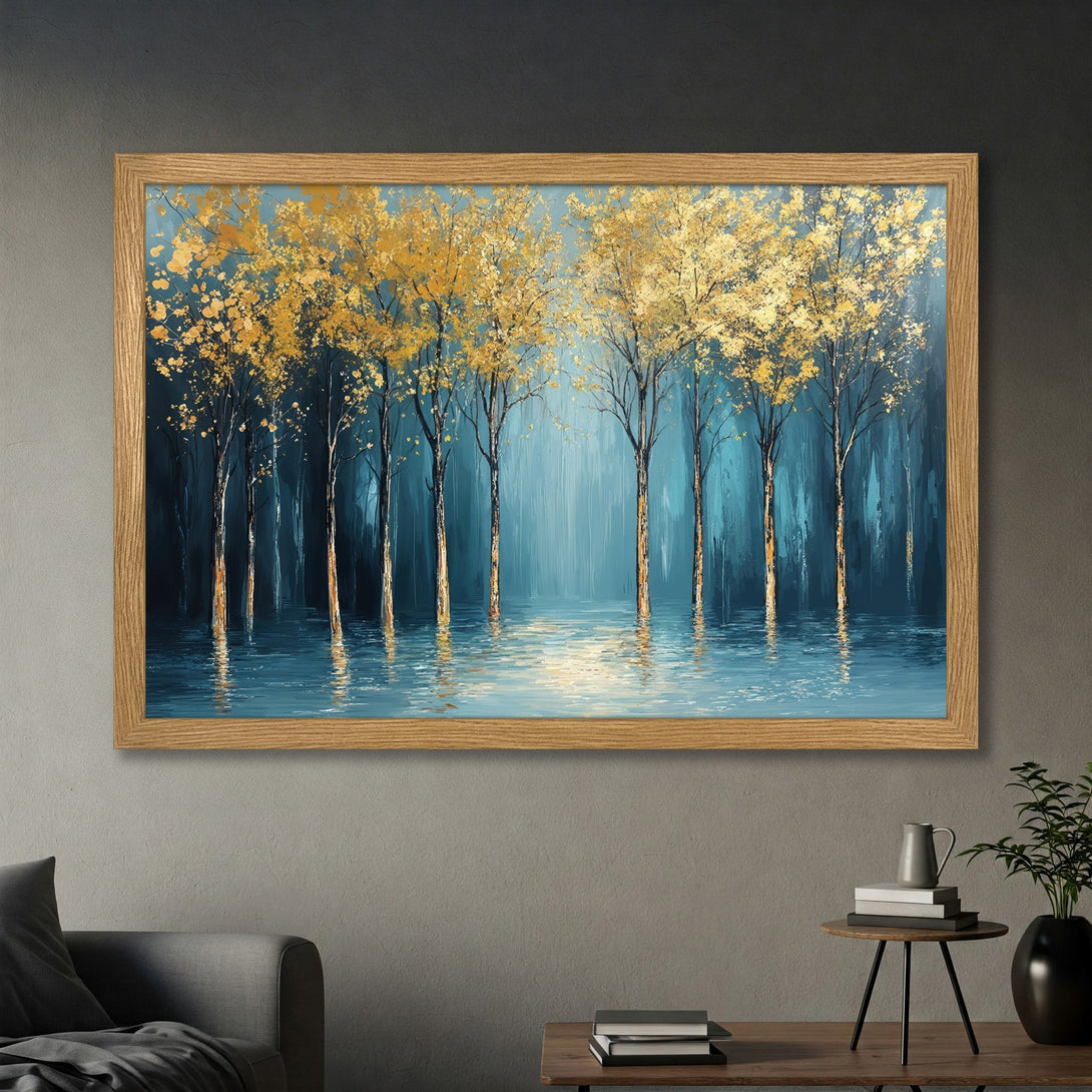 Framed Poster of golden trees reflected in water, abstract style, blue and gold color palette. Enhance your space!