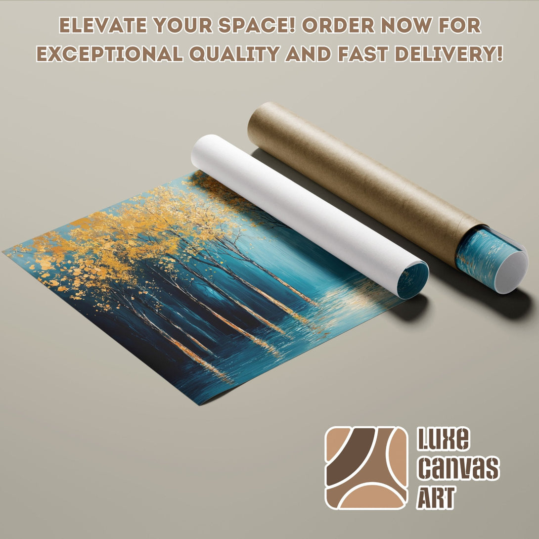 Poster Roll of an abstract landscape painting in blue and gold tones.