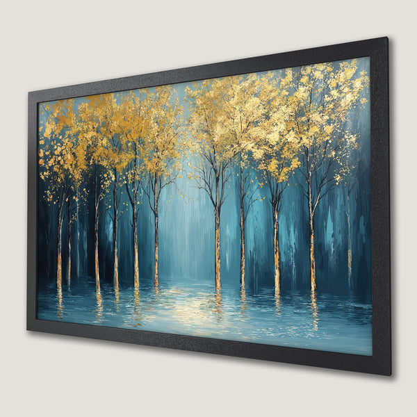 Framed Poster of golden trees in a serene forest scene. Abstract style with blue and gold color palette. Perfect wall art!