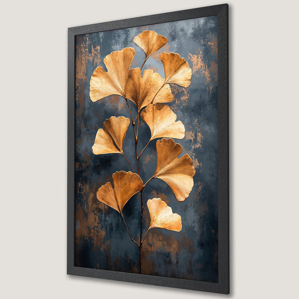 Framed Poster featuring golden ginkgo leaves on a textured blue-brown background. Modern art print perfect for home decor.