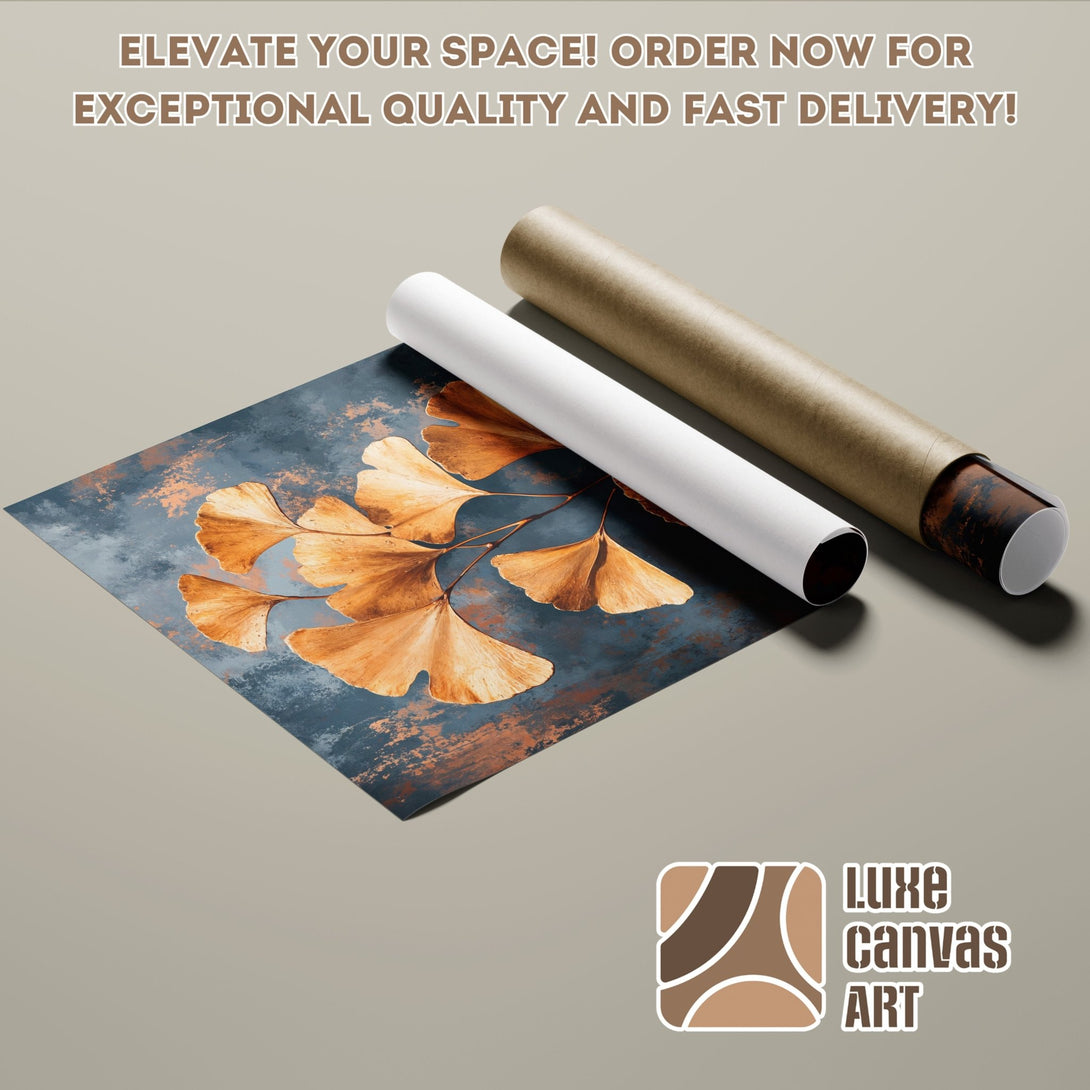 Poster Roll featuring abstract ginkgo leaves art in a teal and gold color palette. Elevate your space with this stunning poster!