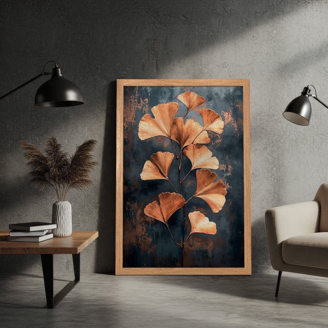 Framed Poster featuring a botanical design in a modern, abstract style with a moody teal and copper color palette. Perfect wall art!