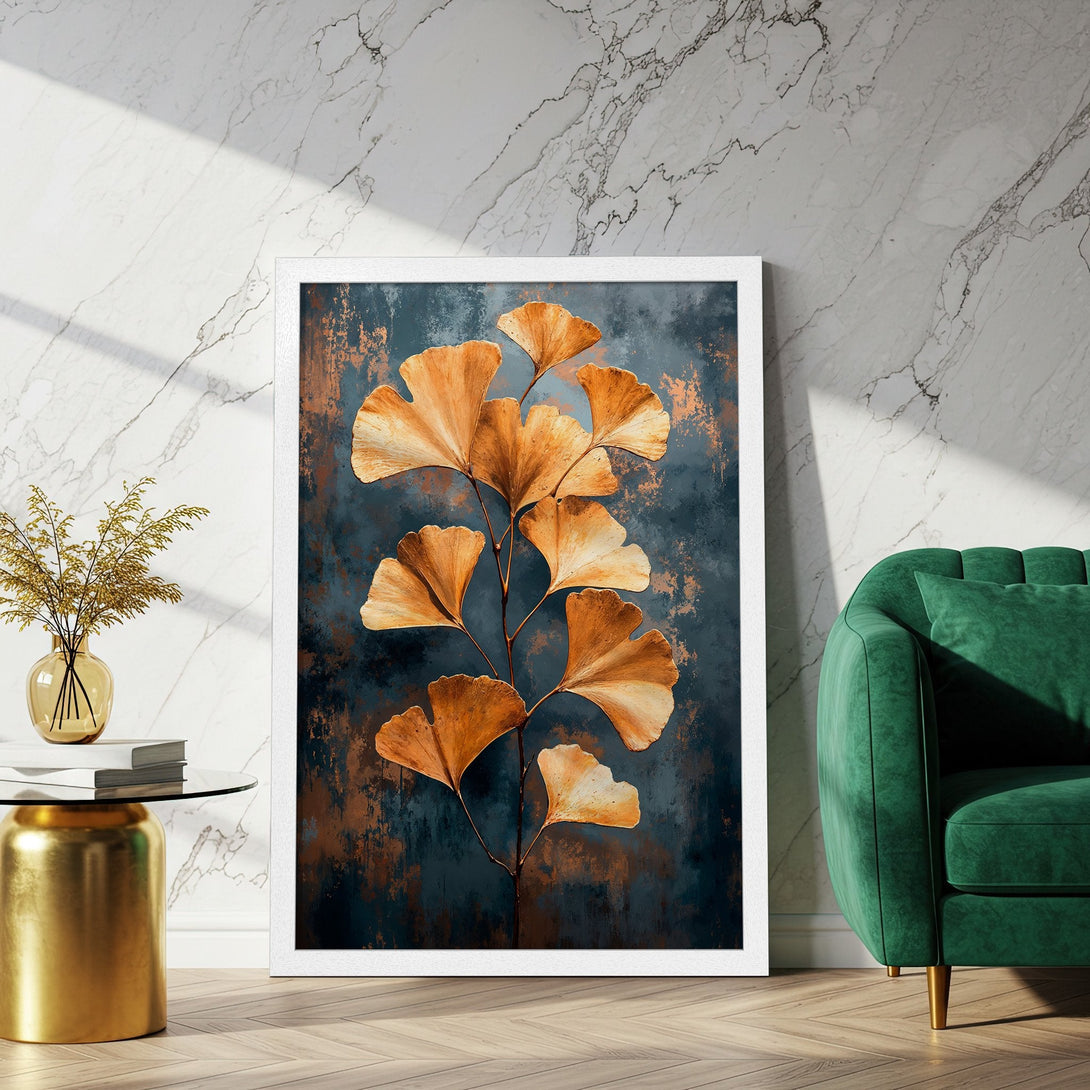 Framed Poster featuring golden ginkgo leaves on a dark blue background. Modern art print with a warm, earthy color palette. Perfect wall decor!