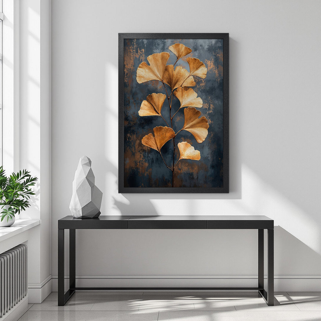 Framed Poster featuring golden ginkgo leaves on a dark, textured background. Modern art print with a warm, earthy color palette. Perfect wall decor!