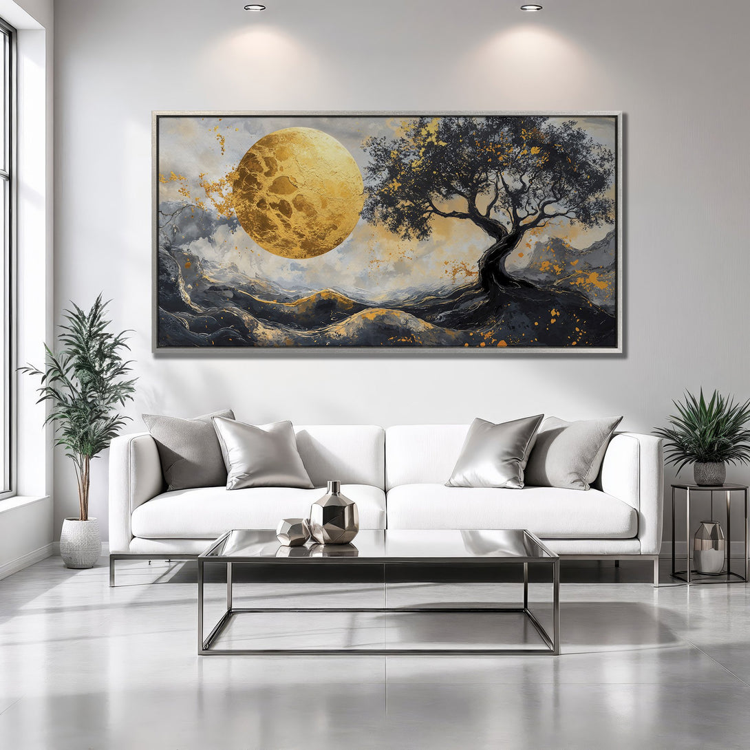 Framed Wall Art featuring a tree and moon in a modern, abstract style. Gold, gray, and black color palette. Perfect for living room decor.