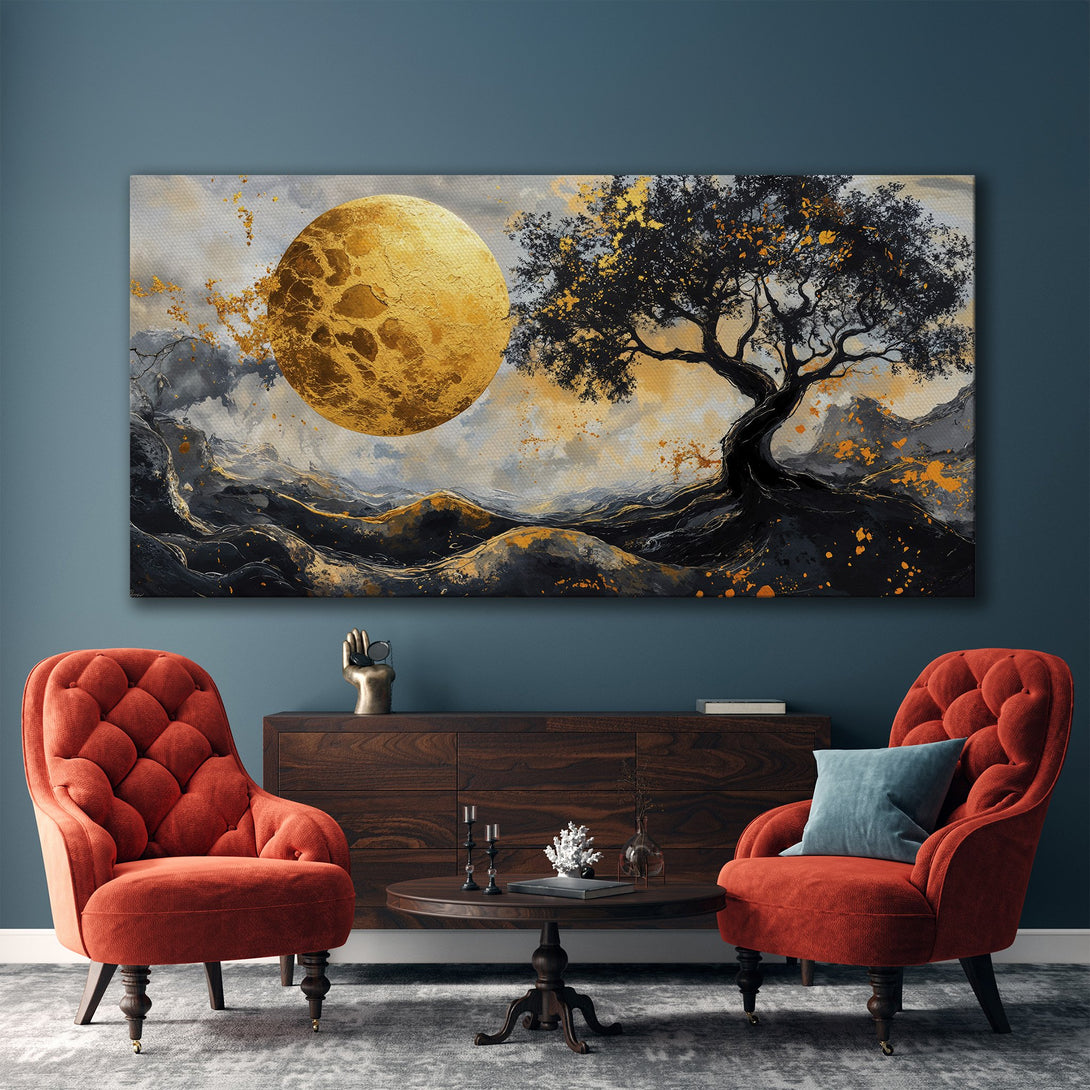 Framed Wall Art: Abstract landscape Canvas Print with a golden moon and tree. Modern art in black, gold, and gray, perfect for living room decor.