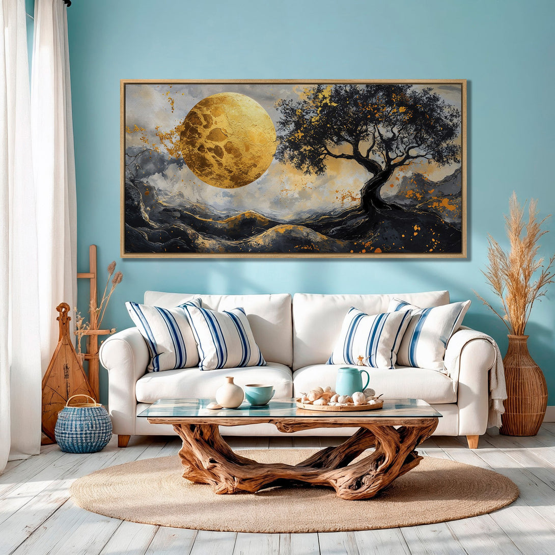 Framed Wall Art: Abstract tree and moon art print in gold, black, and gray. Modern canvas art for living room decor.