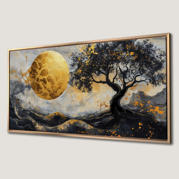 Framed Wall Art: Abstract landscape with a golden moon and tree, featuring a black, gold, and grey color palette. Perfect for modern home decor.