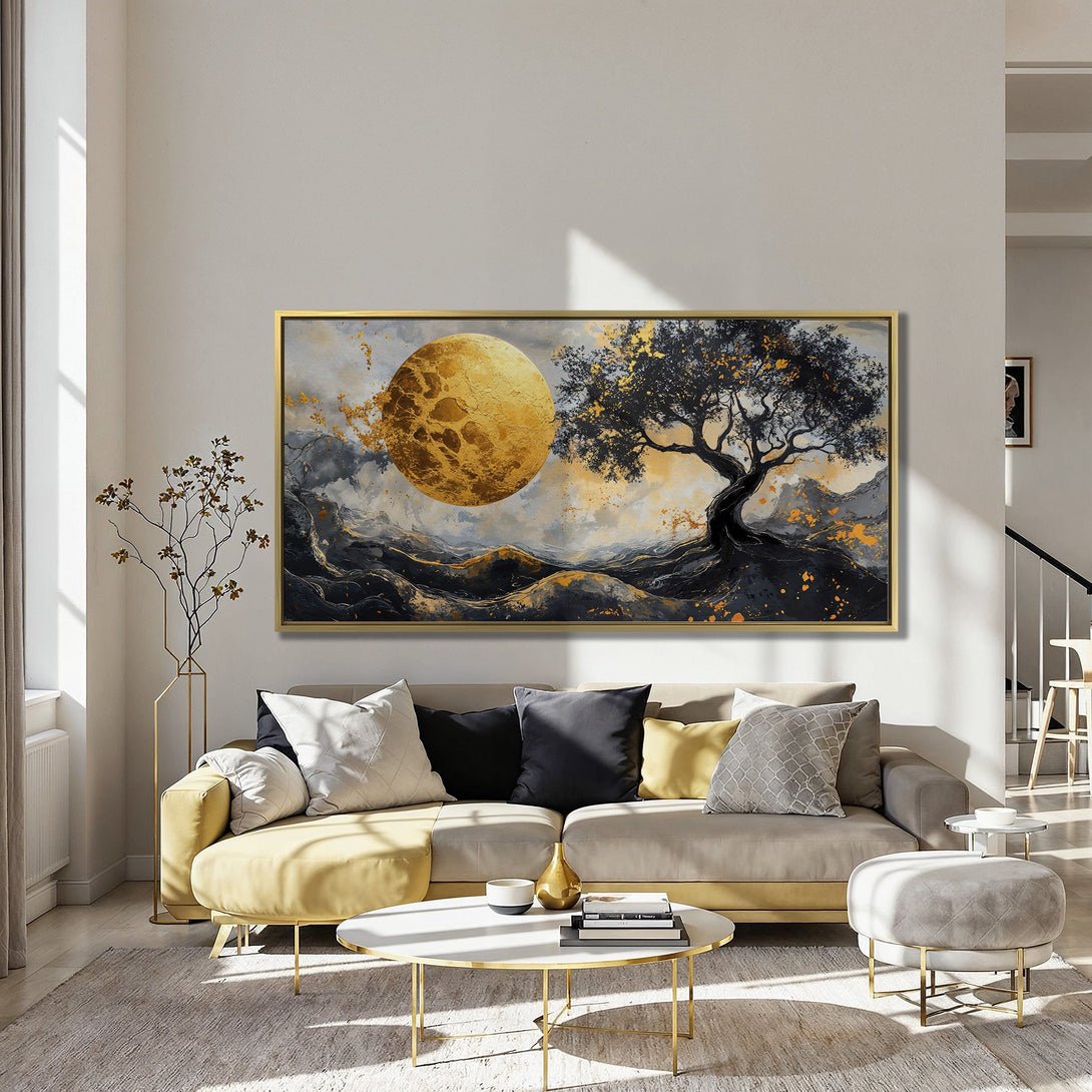 Canvas Print of a golden moon and tree landscape. Abstract art style with black, gold, and gray color palette. Perfect wall decor.