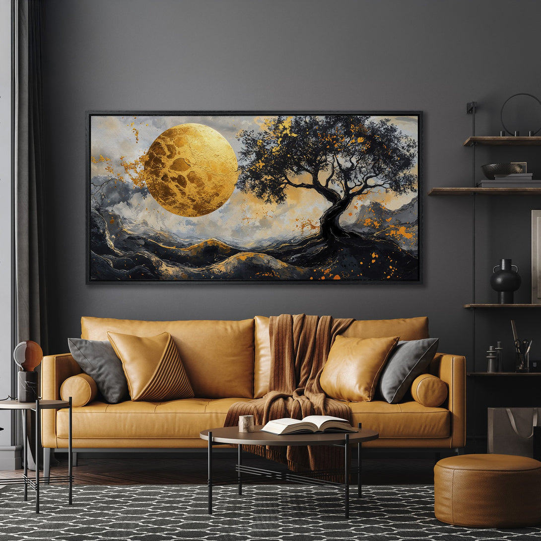 Framed Wall Art featuring a golden moon and tree in a modern, abstract style. Dark, moody color palette with gold accents. Perfect for living room decor.