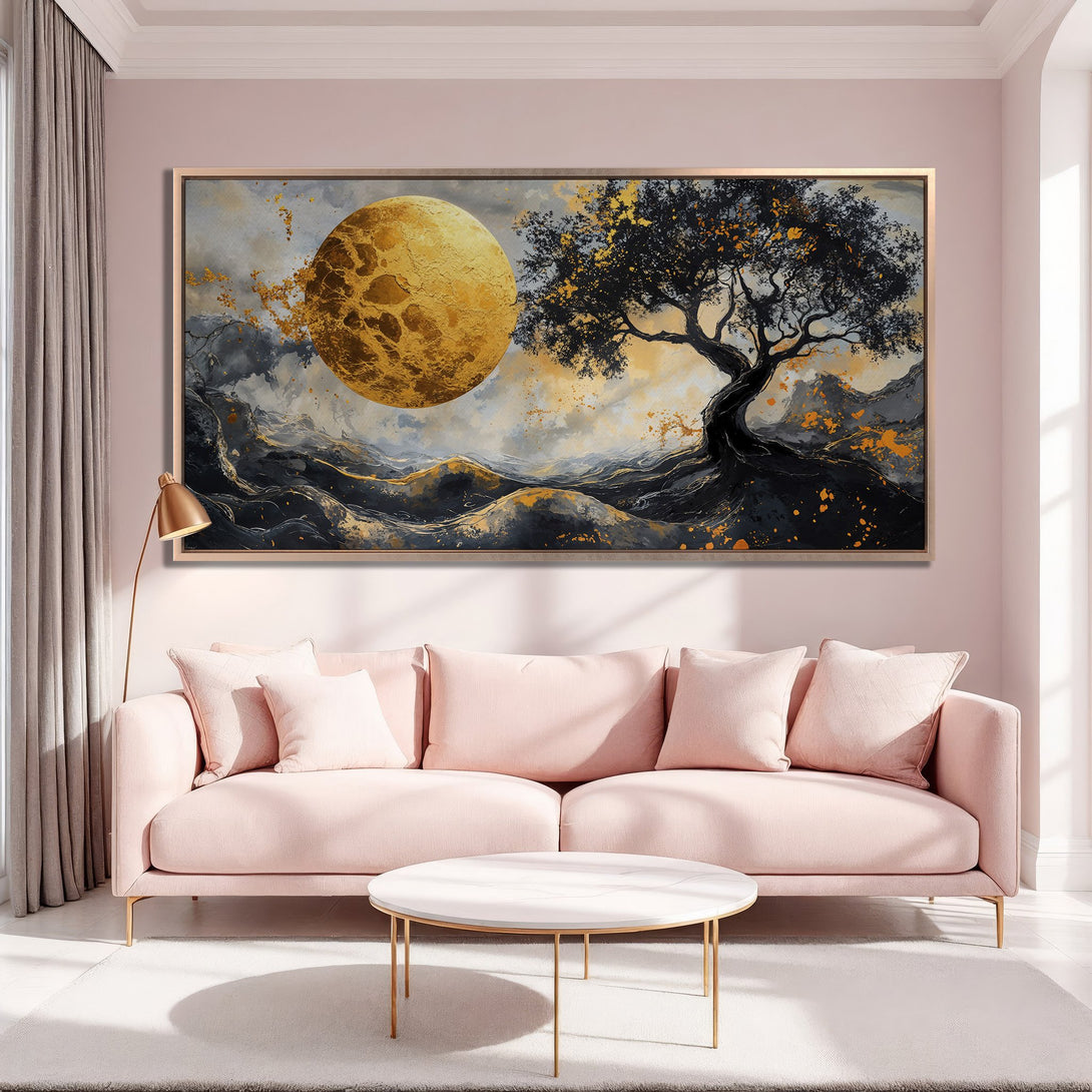 Framed Wall Art featuring a golden moon and tree, abstract style, with a black, gold, and gray color palette, perfect for modern decor.