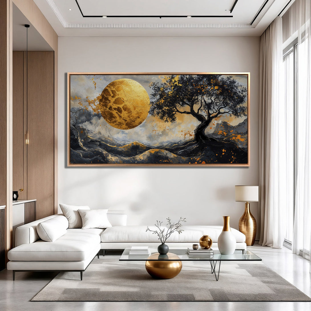 Framed Wall Art featuring a golden moon and tree against a moody grey and black landscape. Modern abstract art with gold accents, perfect for any interior.
