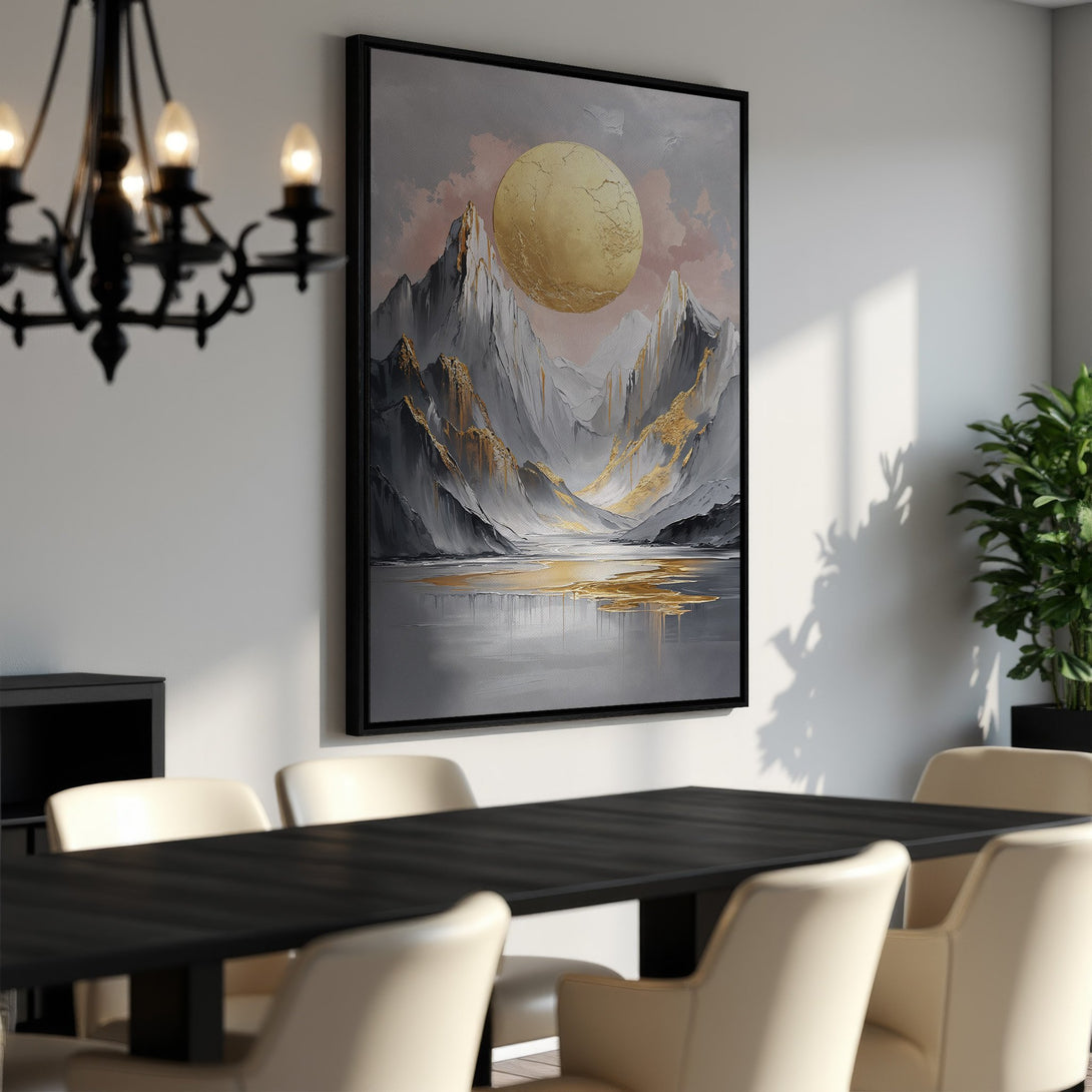 Framed Wall Art: Abstract landscape with gold accents. Modern canvas print in grey, gold, and pink tones, perfect for dining room decor.