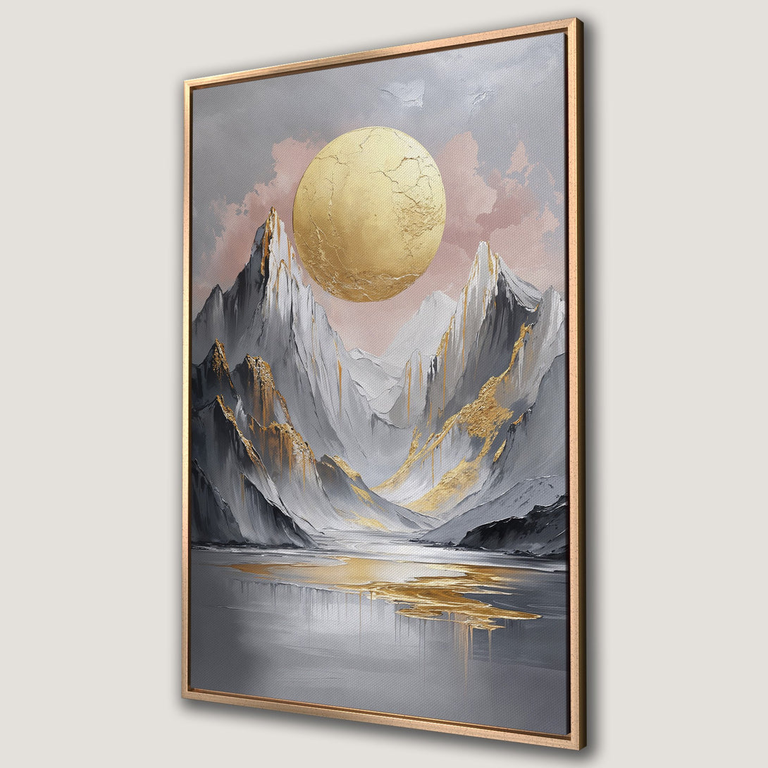 Framed Wall Art: Abstract landscape Canvas Print with gold sun & mountains. Modern art in gray, gold & blush tones. Elevate your decor!