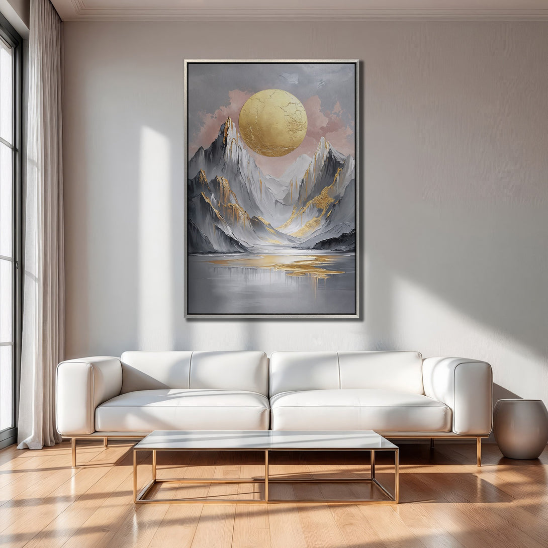 Framed Wall Art: Abstract mountain landscape in gray, gold, and pink. Modern Canvas Print adds a touch of elegance to any interior.