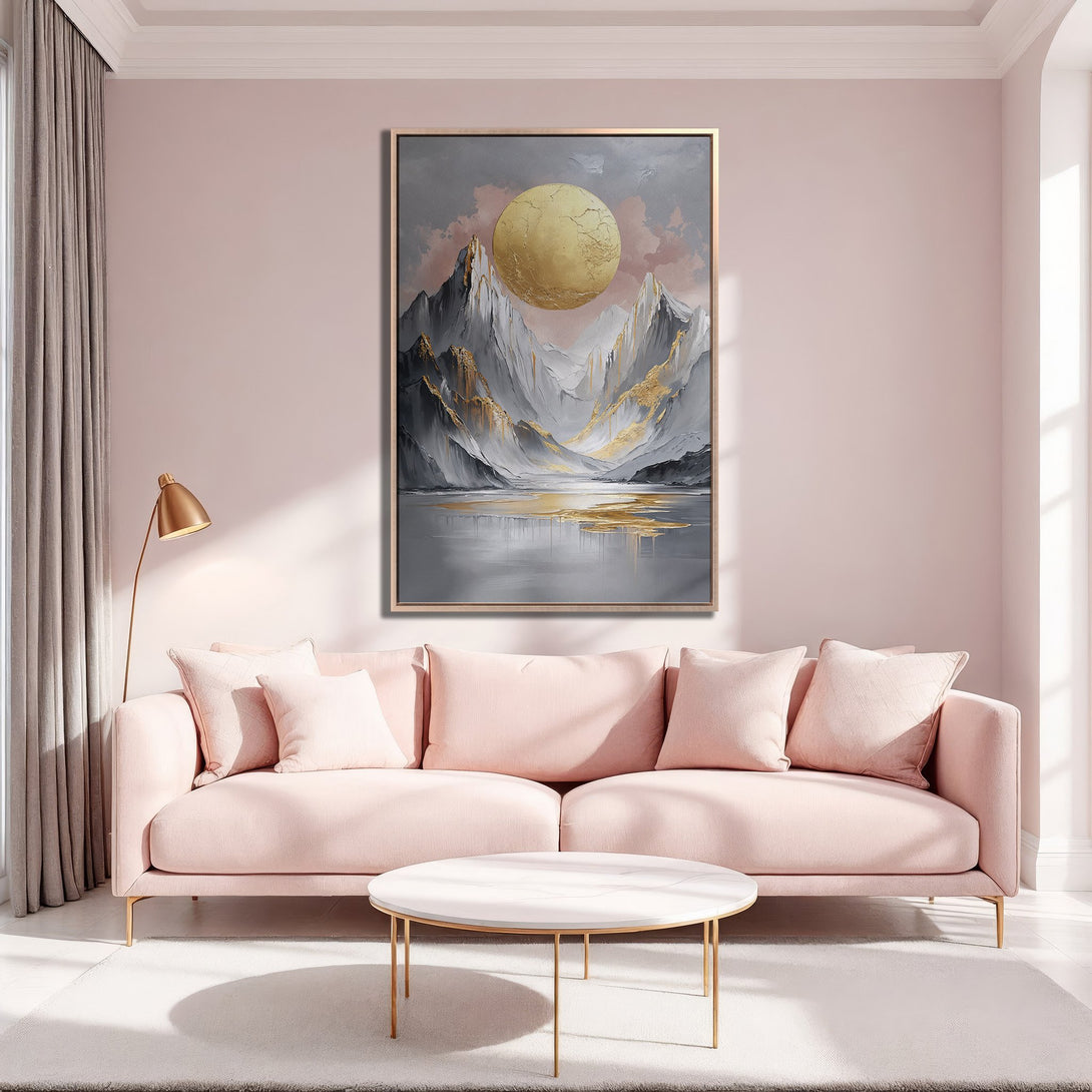 Framed Wall Art featuring a gold and gray mountain landscape. Modern abstract style with a soft pink and gold color palette, perfect for adding elegance to any room.
