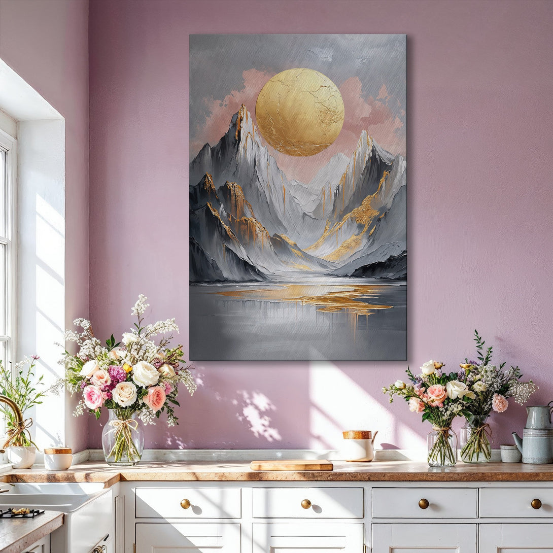 Framed Wall Art: Abstract mountain landscape in gold, gray, and pink. Modern art canvas print adds elegance to any interior. Shop now!