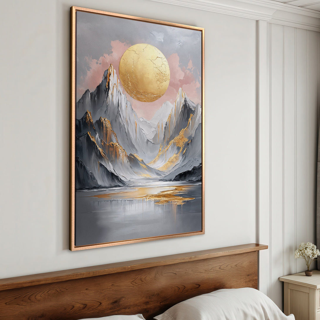 Framed Wall Art: Abstract mountain landscape with gold accents. Modern artwork in gray, gold, and pink hues. Perfect for adding elegance to your home.