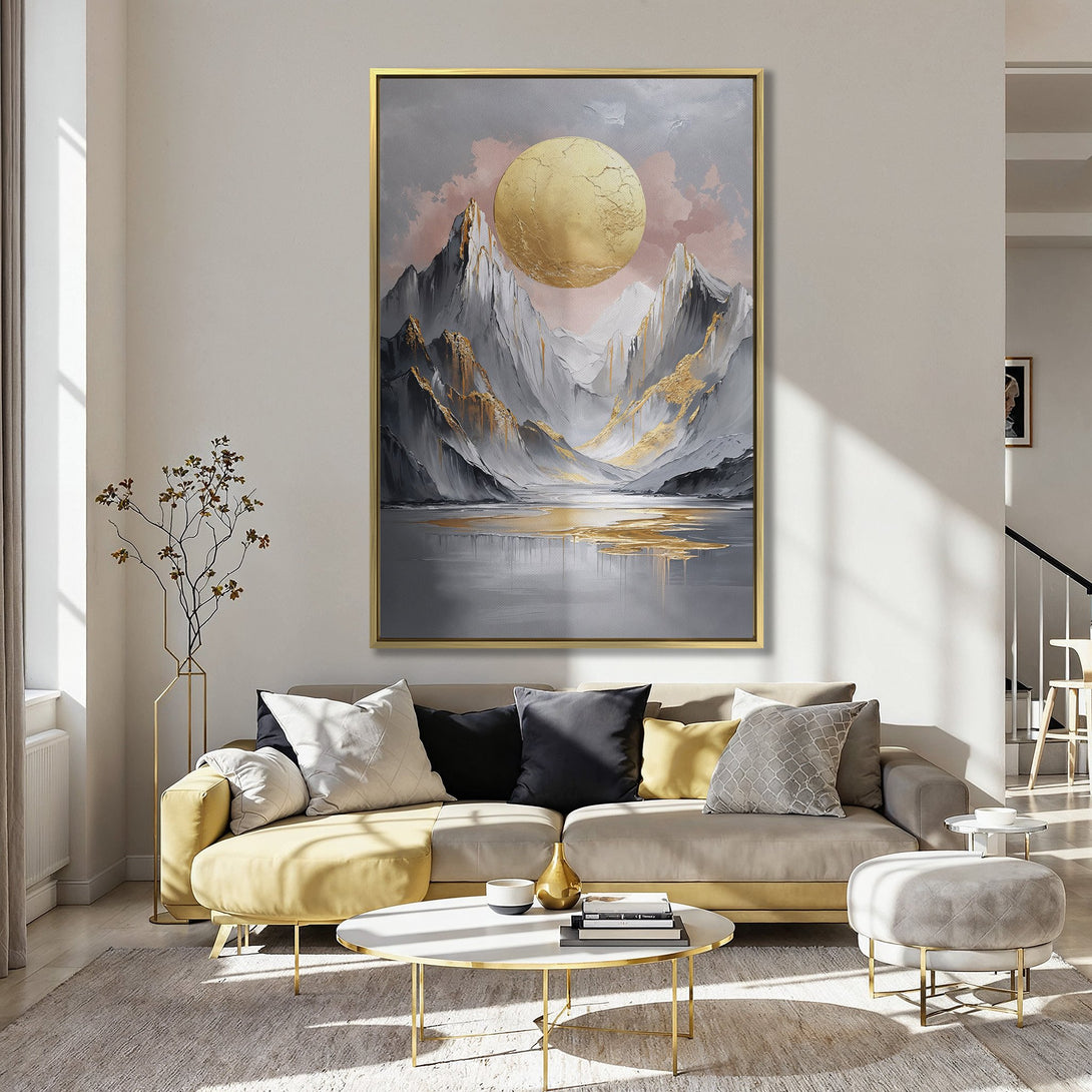 Canvas Print: Abstract mountain landscape with gold accents, displayed in a kitchen. Features a grey, gold, and pink color palette for a modern art aesthetic.