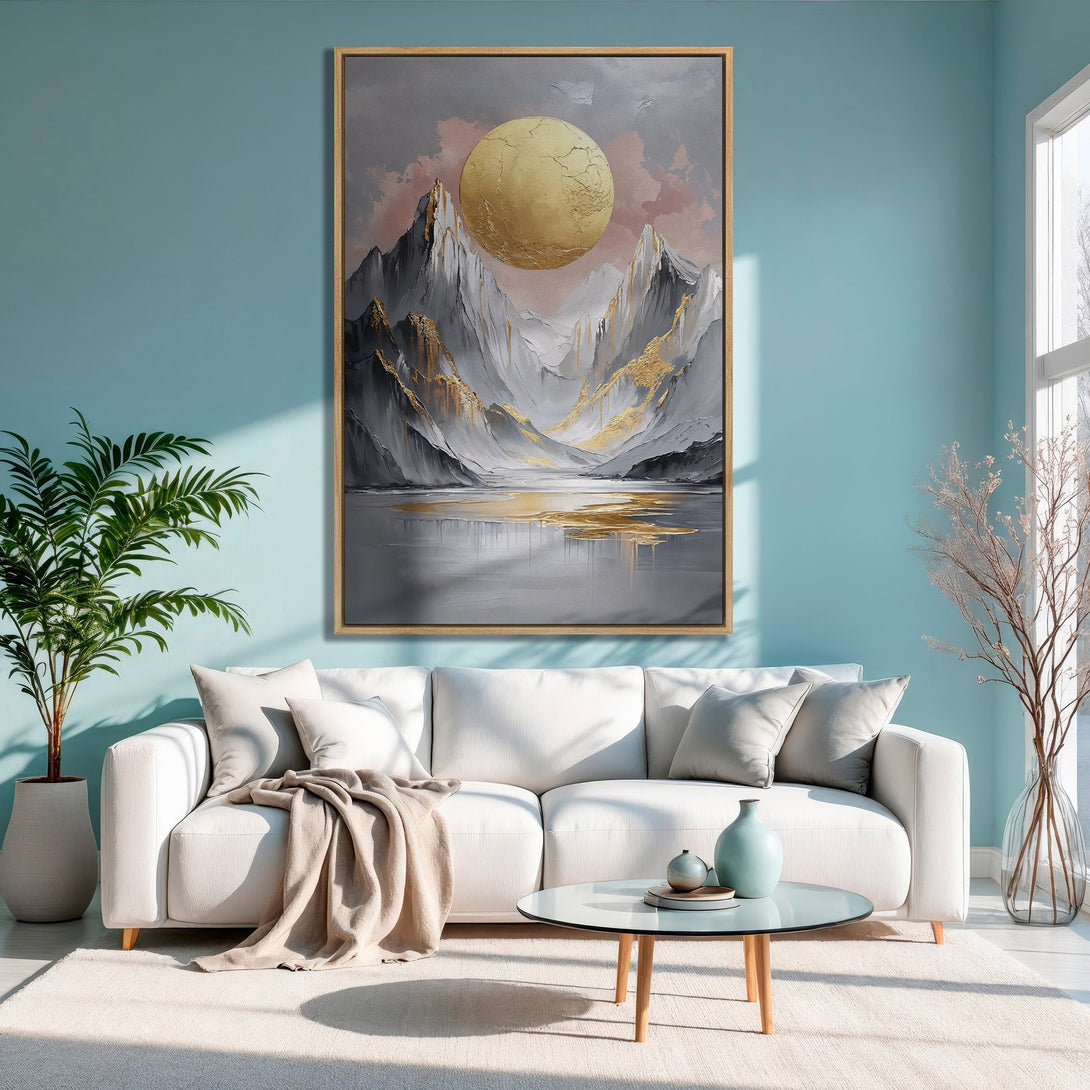 Framed Wall Art: Abstract mountain landscape in gold, gray, and pink tones. Modern art Canvas Print adds a touch of elegance to any room.