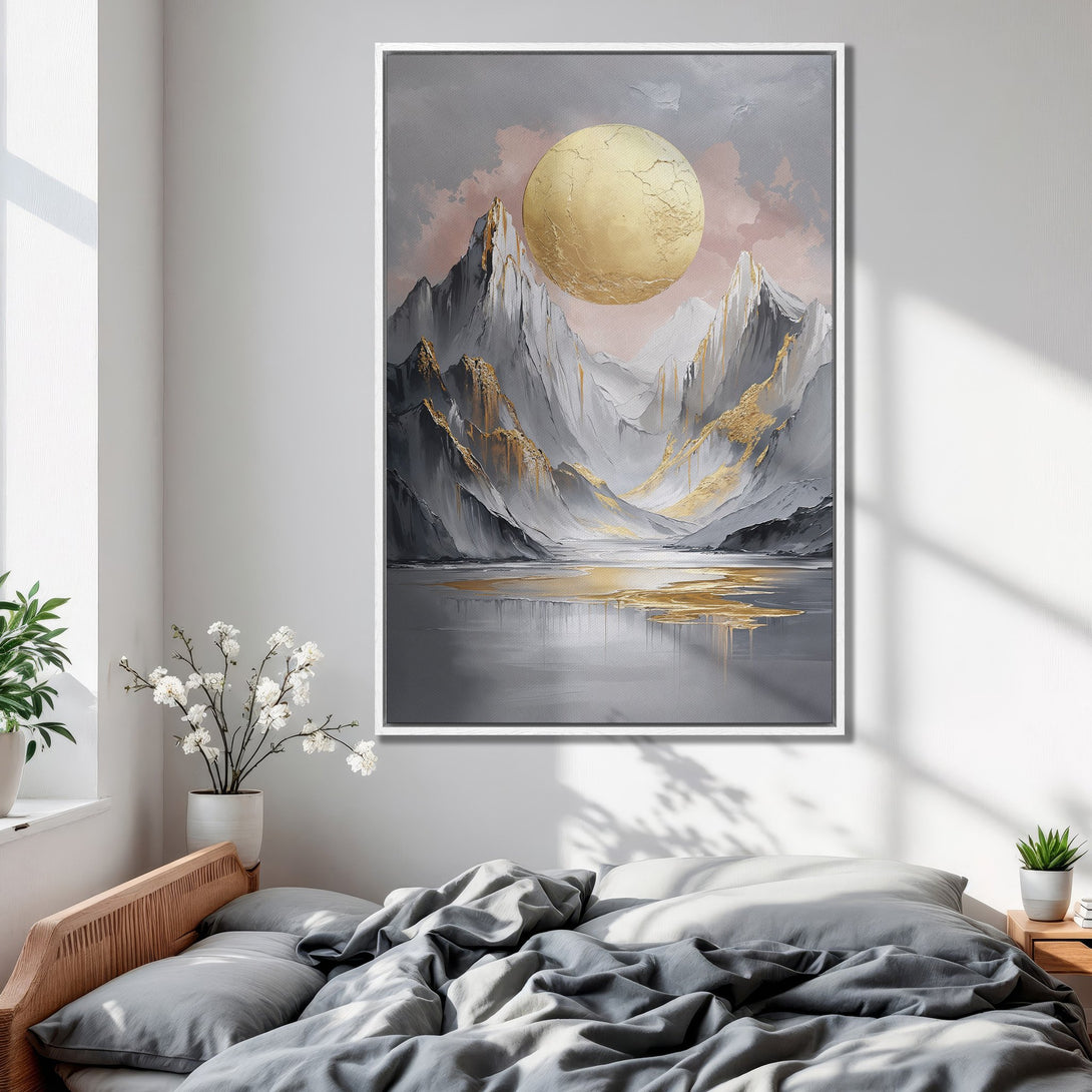 Framed Wall Art: Abstract mountain landscape in gray and gold tones. Modern canvas print for bedroom decor. Enhance your space with this stunning artwork!