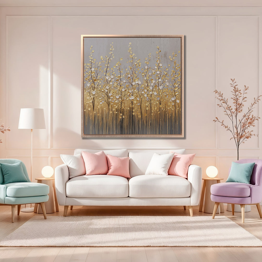 Framed Wall Art: Abstract gold leaf art on a grey background. Modern, minimalist style with a warm neutral color palette. Perfect for living room decor.