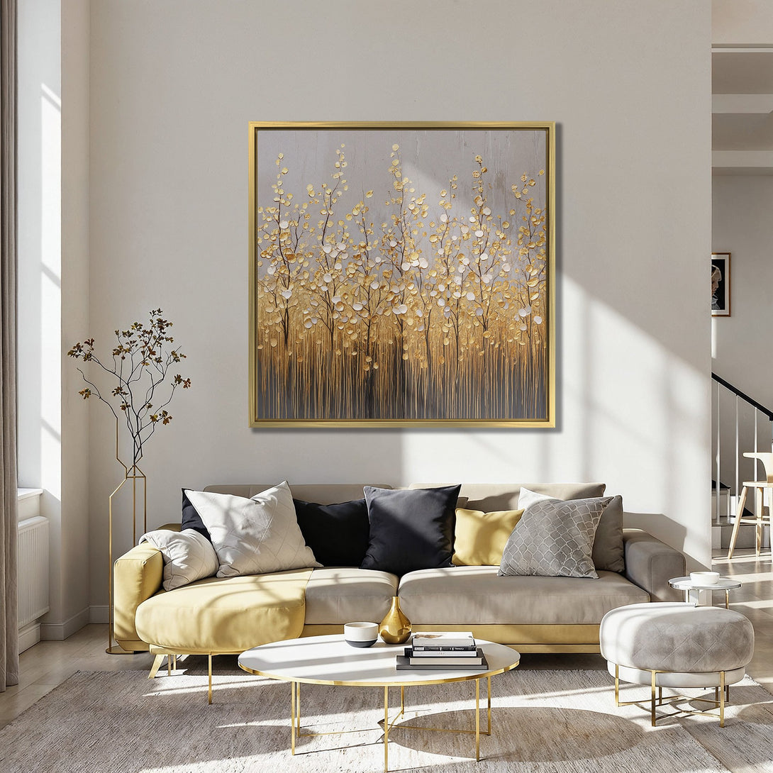 Canvas Print of a gold leaf tree painting. Modern art in a warm, neutral color palette. Perfect for living room decor.