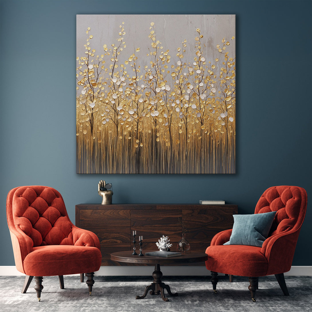 Framed Wall Art: Abstract gold floral art in a modern living room. Neutral color palette with gold accents. Perfect for adding elegance to your space.