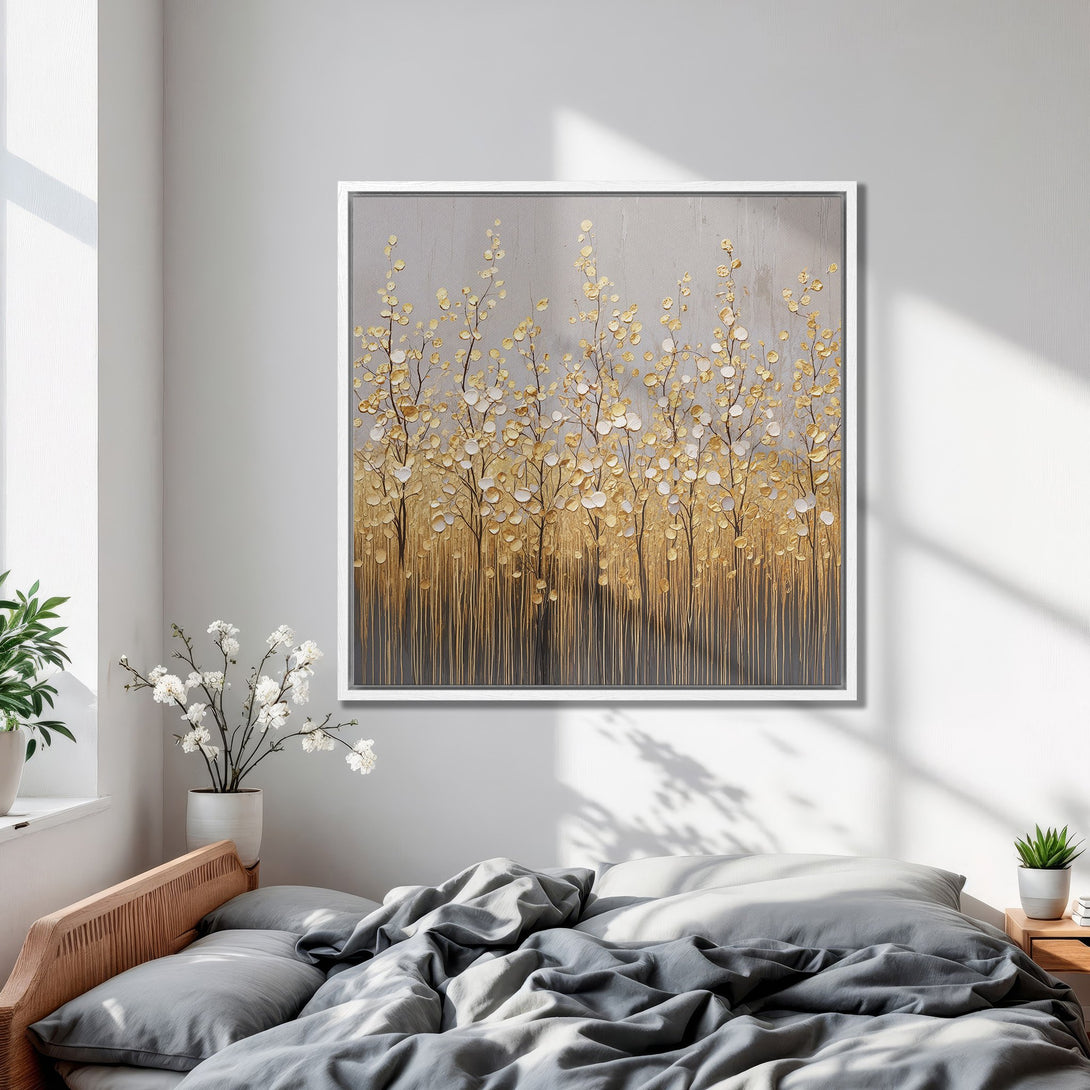 Framed Wall Art: Abstract gold leaf tree art on canvas. Modern decor with neutral gray and gold color palette. Perfect for bedroom or living room.