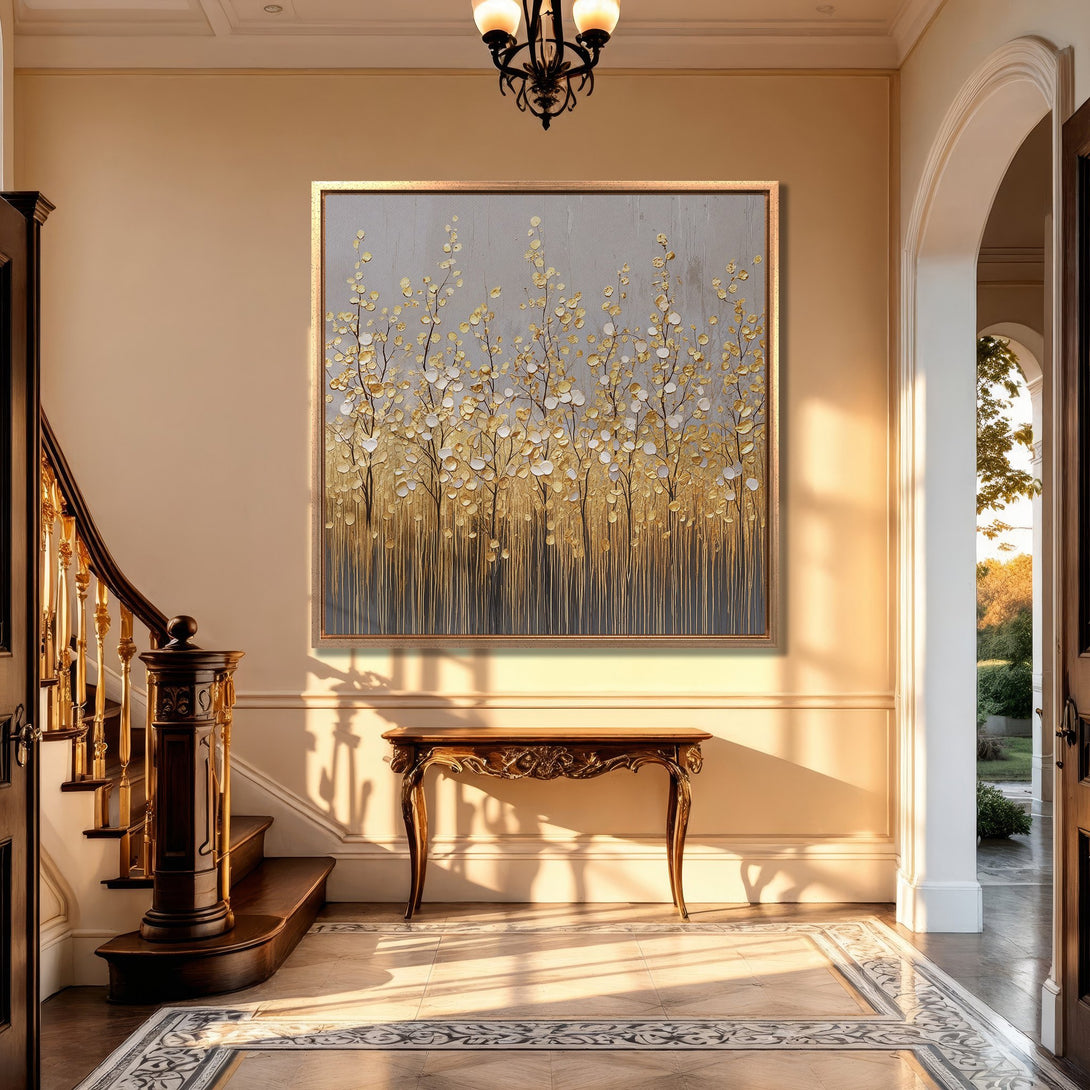Framed Wall Art featuring a gold and gray abstract floral design. Elegant canvas print adds a touch of luxury to any interior.