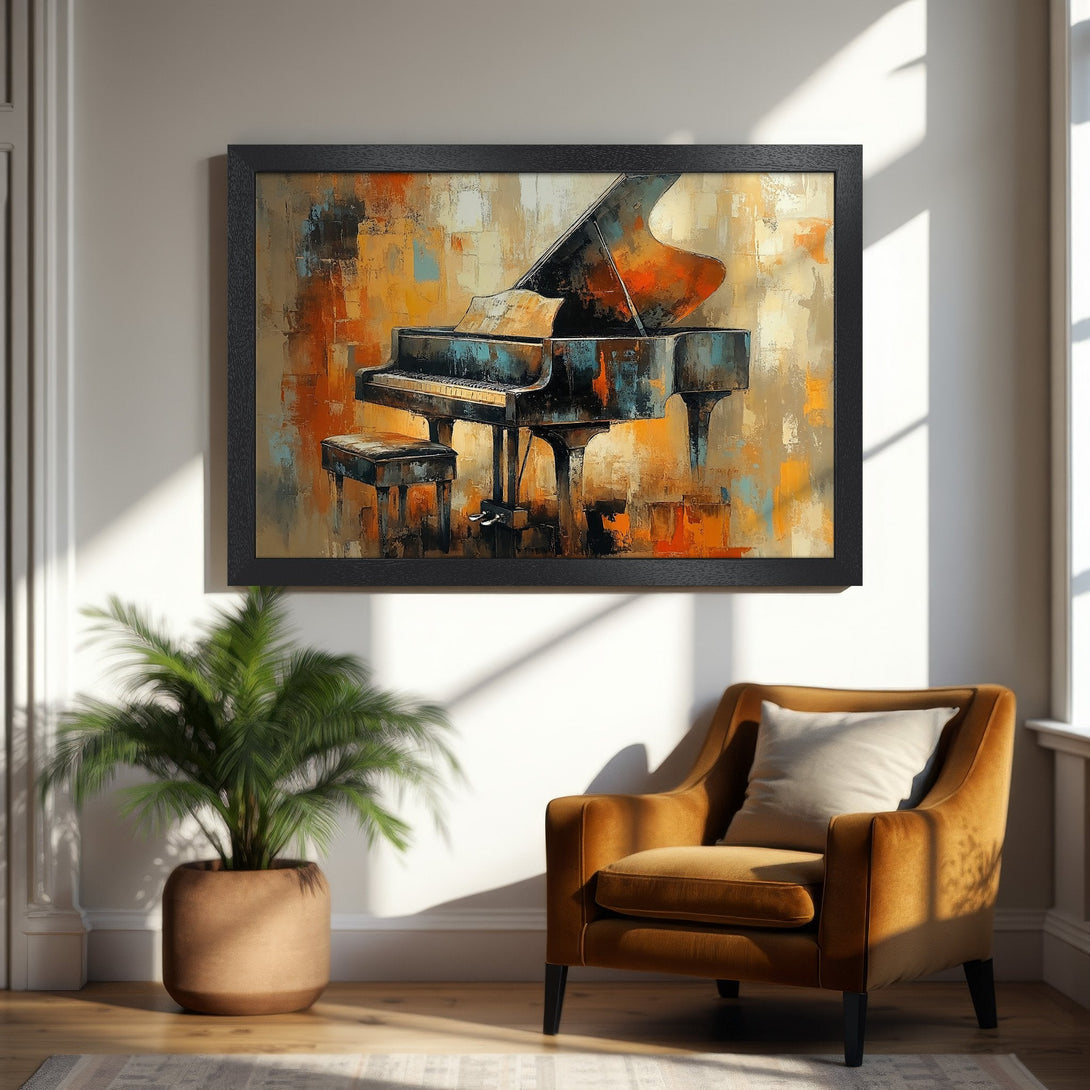 Framed Poster of a grand piano in abstract style, warm orange and blue palette. Perfect wall art for music lovers.