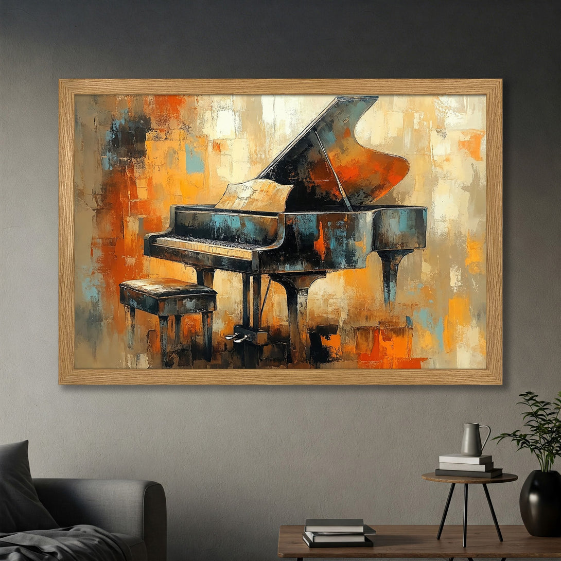 Framed Poster featuring an abstract piano painting in warm orange, beige, and blue tones. Perfect wall art!