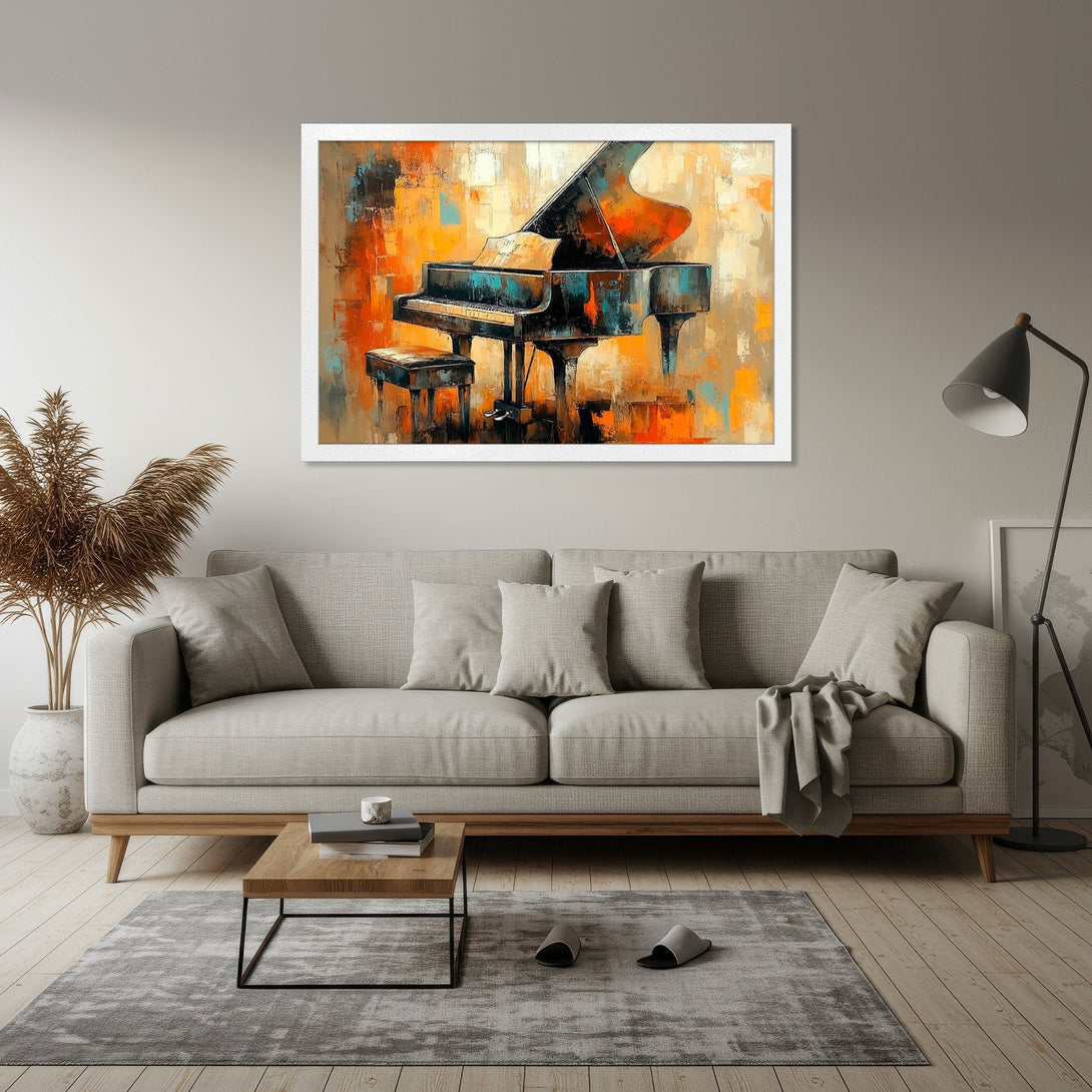 Framed Poster of a grand piano in abstract style, featuring a vibrant orange and blue color palette. Perfect wall art for any space!