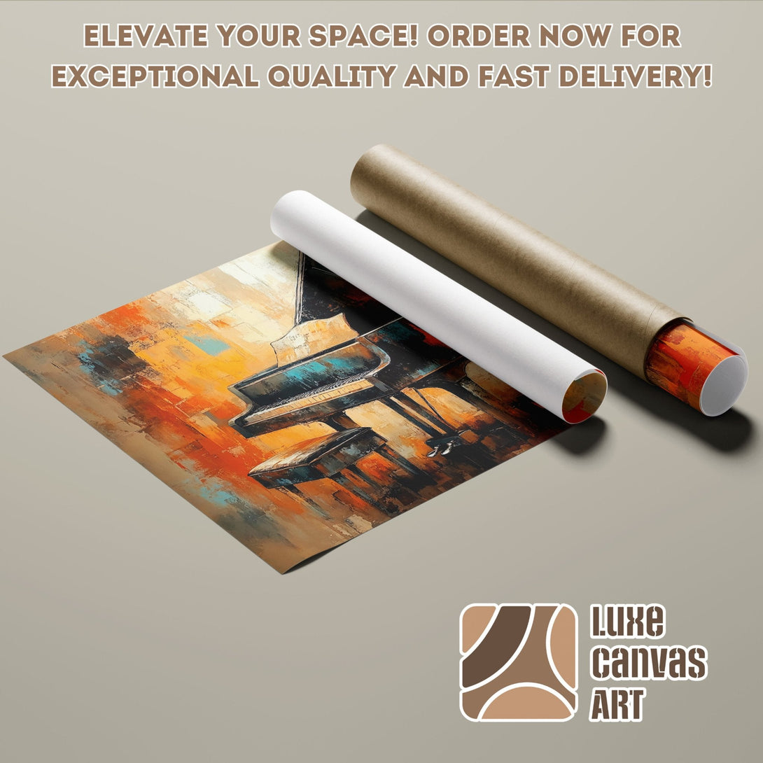 Abstract piano art poster roll in warm orange & blue tones. Elevate your space with this stunning poster!