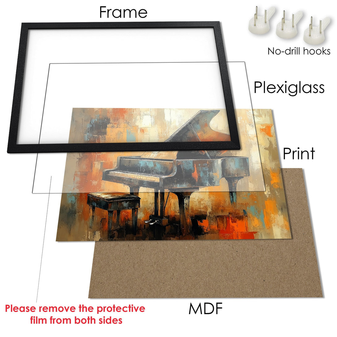 Framed Poster of a piano in an abstract style with warm orange, blue, and brown tones. Perfect wall art for your home!