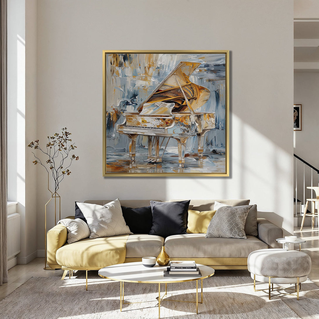 Canvas Print of a grand piano in a modern, abstract style with a warm gold and blue color palette. Perfect for living room decor!