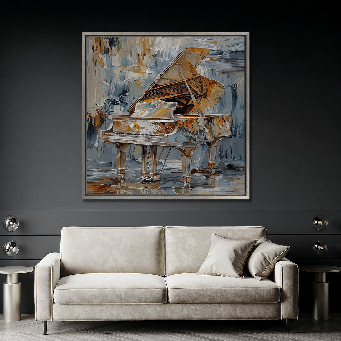 Framed Wall Art: Abstract piano painting in gold, blue, and brown hues. Modern living room decor with a neutral color palette.