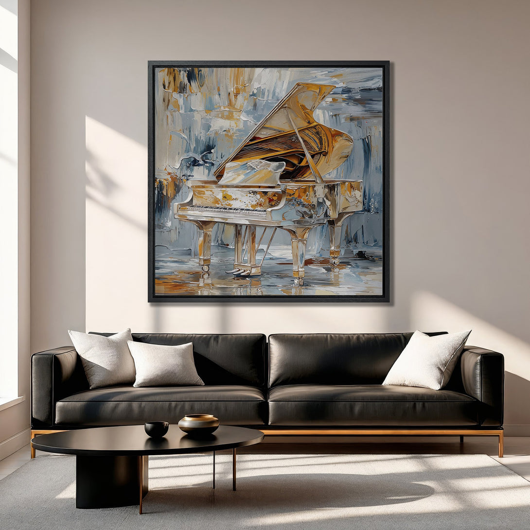 Framed Wall Art: Abstract piano painting in gold, gray, and blue. Modern art Canvas Print adds elegance to any living room. Shop now!