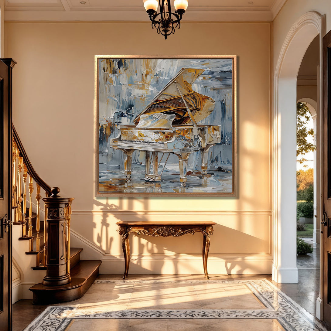 Framed Wall Art: Abstract piano painting in a modern interior. Features a gold, blue, and neutral color palette. Elevate your space with this stunning artwork!