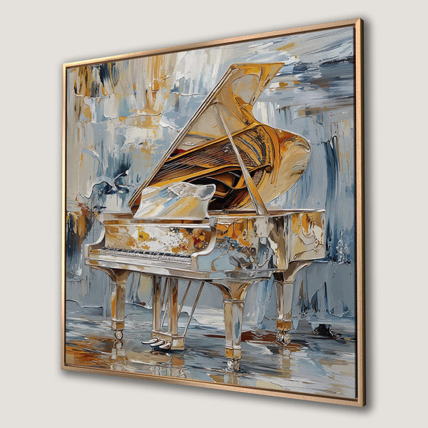 Framed Wall Art: Abstract piano painting in gold, white, and blue. Add elegance to your space with this stunning canvas print!