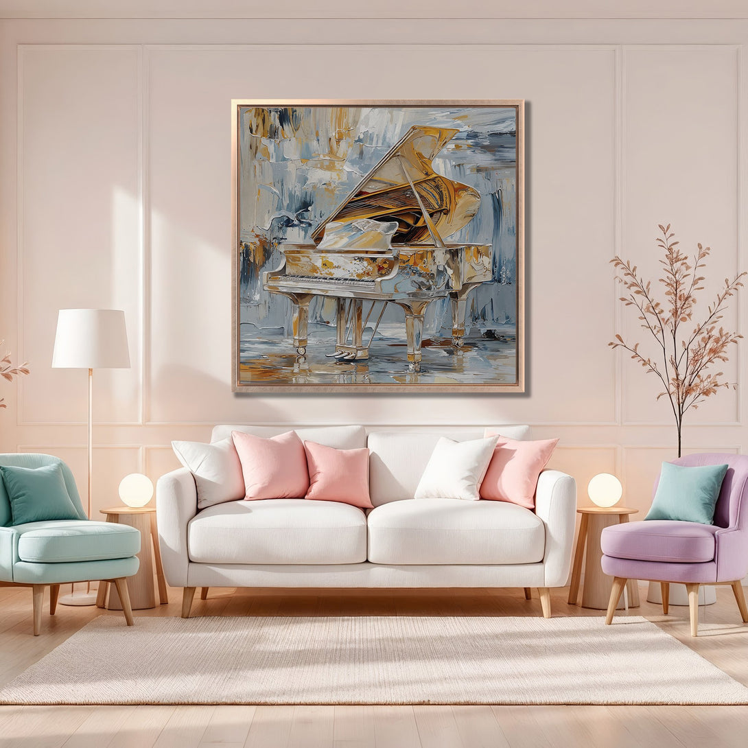 Framed Wall Art: Abstract piano painting in gold, white, and blue hues. Elevate your space with this stunning artwork, perfect for modern interiors.